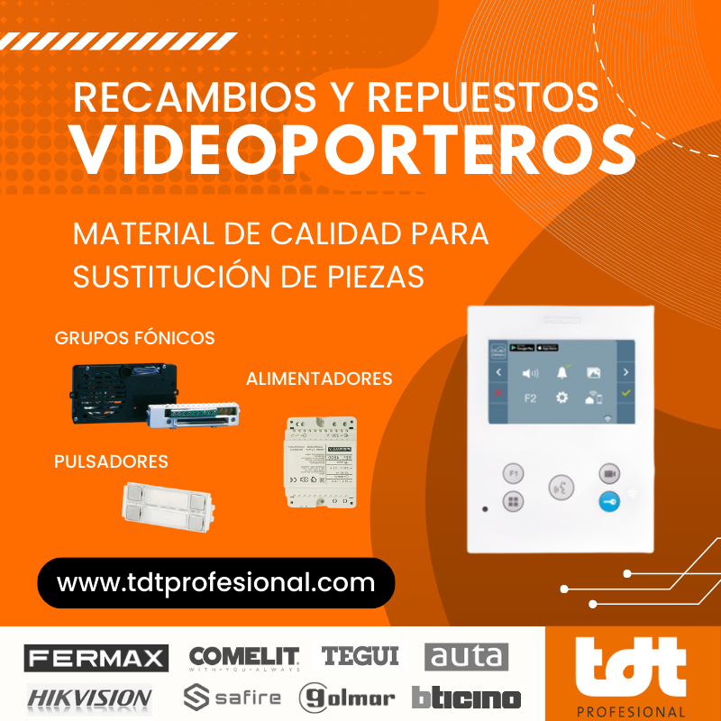 Recambios y Repuestos de Videoportero y Portero Eléctricos. Material de calidad para sustitución de piezas para instaladores de porteros de control de acceso. Grupos fónico, alimentadores, pulsadores, monitores, etc. Marcas como Fermax, Comelit, Tegui, Auta, Hikvision, Safire, Golmar, Btcino