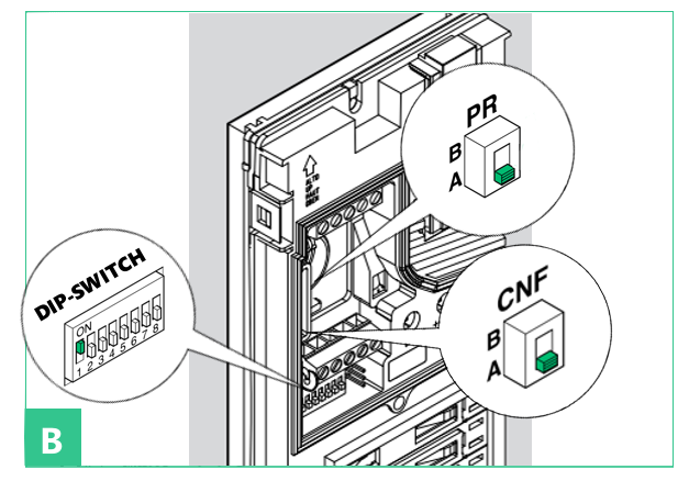 comelit conmutadores CNF, PR y DIPSWITCH placa de calle quadra