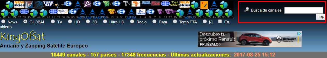 Buscador del King of Sat para conocer el tamaño de antena parabólica