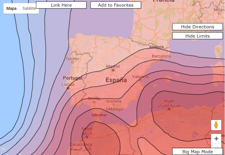 Mapa area de acción del satélite en España para poder elegir el tamaño de antena parabólica