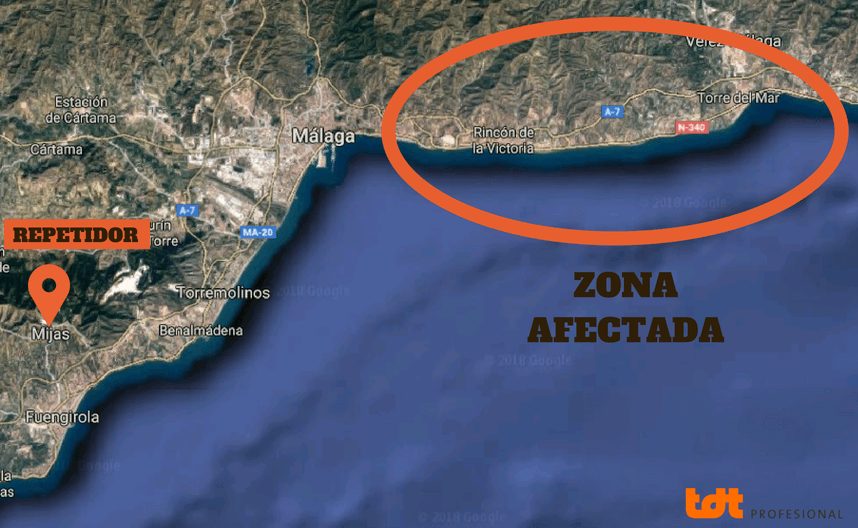 Mapa de Málaga y la zona afectada por el efecto fading