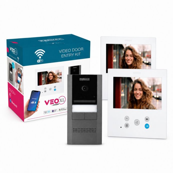 Fermax FER7766 Cora kit with two 7-inch VEO-XL WiFi monitors and CoraKit panel for two homes
