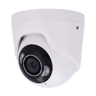 Cámara Ajax TurretCam HL 5MP blanca con lente 4 mm y luz híbrida vista en perspectiva frontal