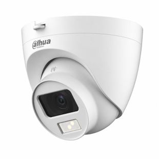Cámara turret Dahua DH-HAC-HDW1200CLQP-IL-A-0280B de 2MP con lente fija 2.8mm, luz híbrida Smart Dual Light de 20 metros, micrófono integrado y protección IP67 para videovigilancia exterior.