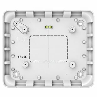 Caja de montaje en superficie Ajax GlandBox blanca, vista interior frontal con nivel y entradas para prensacables
