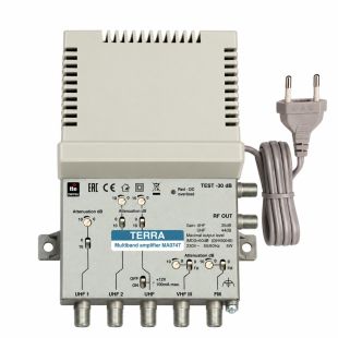 Central amplificadora multibanda Terra MA074T de 44 dB con 3 entradas UHF, 1 VHF y 1 FM, filtro LTE700 para instalaciones TDT.