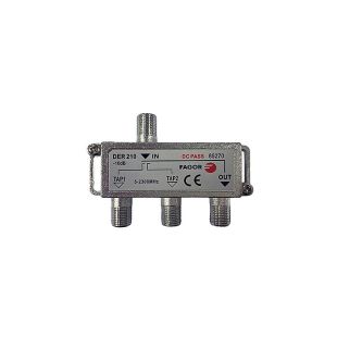 Derivador Fagor DER 210 de 2 salidas FI SAT con conectores F y atenuación de 10 dB para instalaciones TDT y satélite.