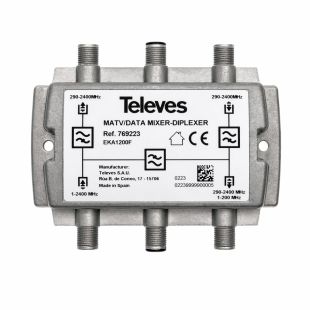 Filtro mezclador diplexor Televes 769223 para TV y datos 1-200MHz 290-2400MHz con conectores F