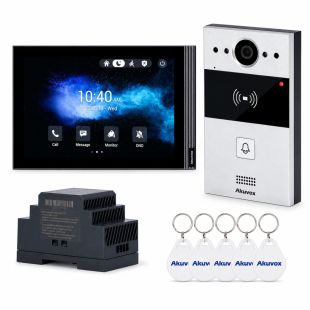 Kit de videoportero Akuvox AK-KIT203 de 2 hilos con monitor WiFi IPS de 7 pulgadas, placa exterior HD con lector NFC y tarjetas EMMF