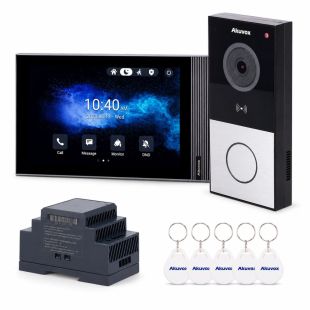 Kit de videoportero Akuvox AK-KIT204 con monitor IPS WiFi de 7 pulgadas, placa exterior HD con lector NFC, Bluetooth y tarjetas MF, tecnología 2 hilos y app SmartPlus