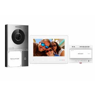 Kit de videoportero Hikvision DS-KIS705EY con tecnología 2 hilos HD, monitor táctil WiFi de 7 pulgadas y placa exterior con cámara 2 Mpx.