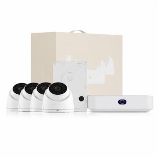 Kit de videovigilancia IP Ubiquiti UNVR-INSTANT-KIT con grabador NVR, switch PoE y 4 cámaras G5 Turret Ultra con IA y visión nocturna IR.