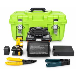 Kit fusionadora de fibra óptica SKYCOM T-218H con alineación por núcleo, cortadora, peladora, accesorios y maletín