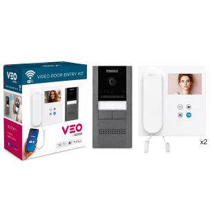 Kit Video Cora VEO 4,3'' WiFi DUOX PLUS 2L Fermax con placa CoraKit de superficie y dos monitores VEO WiFi para videoportero de 2 hilos.