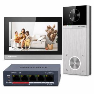 Kit videoportero IP Hikvision DS-KIS613-S con monitor WiFi de 7 pulgadas, placa exterior 4 Mpx y switch PoE incluido