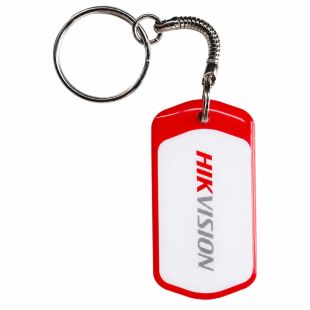 Llavero RFID Hikvision DS-K7M102-M de proximidad 13.56 MHz para control de acceso con anilla metálica y cuerpo PVC rojo y blanco.