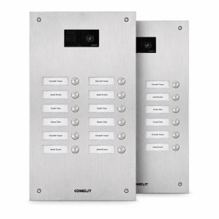 Módulo frontal Comelit STEELSWITCH IX0212U con 12 pulsadores en 2 columnas para placas de calle de videoportero, fabricado en acero inoxidable AISI 316.