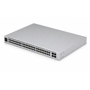 Switch gestionable Ubiquiti USW-PRO-MAX-48 con 48 puertos RJ45, 4 puertos SFP+ 10Gb y formato rack 1U para redes empresariales.