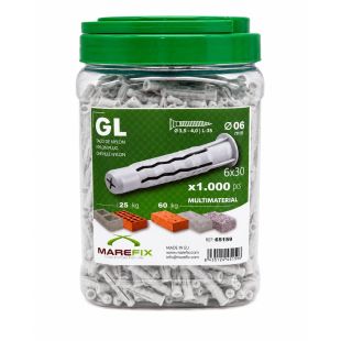 Taco Nylon GL 6x30 Marefix en bote de 1.000 unidades para fijaciones multimaterial en hormigón, ladrillo y yeso.