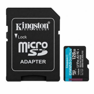 Tarjeta microSD Kingston Canvas Go Plus 128GB con adaptador SD, alta velocidad 200MBs ideal para grabación 4K en drones y cámaras deportivas