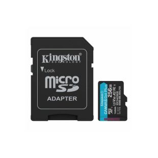 Tarjeta microSD Kingston Canvas Go Plus 256GB con adaptador SD, alta velocidad 200MBs U3 V30 para grabación 4K UHD