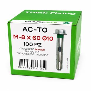 Tornillo de anclaje metálico Marefix M8x60 por expansión en caja de 100 unidades para fijación en hormigón y materiales macizos.