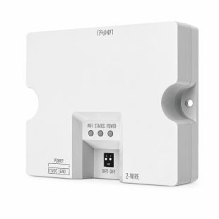 Vista en perspectiva del conversor IP a 2 hilos Hikvision DS-KAD-E2/E1 con integración LAN y alimentación PoE para sistemas de videoportero HD.