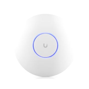 Vista frontal del punto de acceso WiFi 7 Ubiquiti U7 Pro con aro LED azul