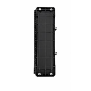 Vista trasera de carcasa plástica negra rectangular con tornillos metálicos, componente electrónico para instalación de telecomunicaciones sobre fondo blanco.