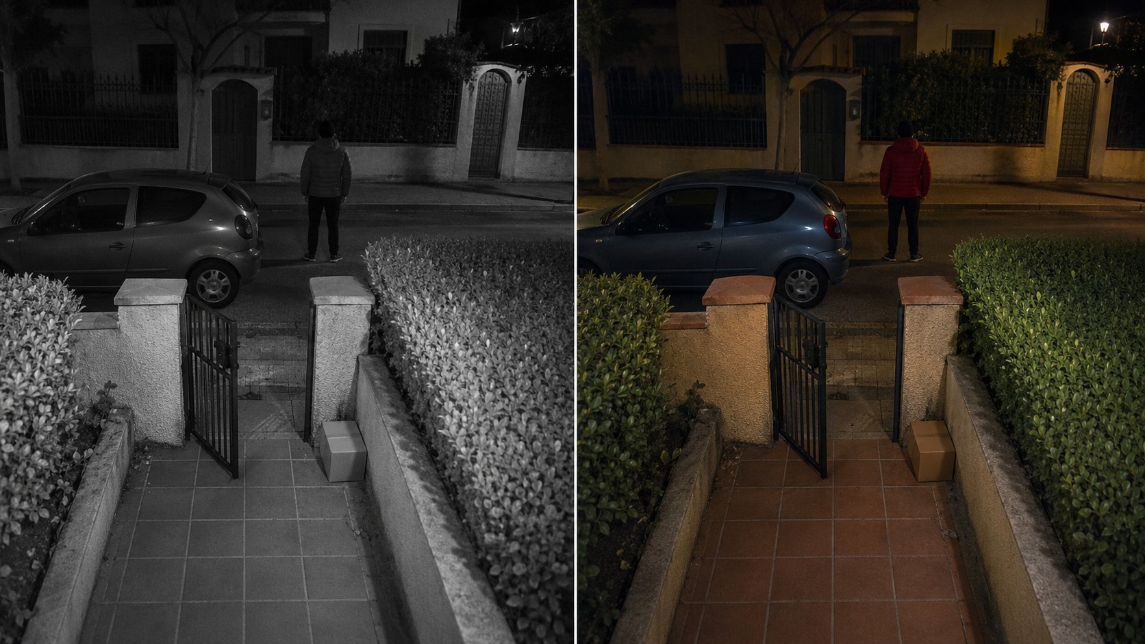 Hikvision night-time comparison: black-and-white infrared vision versus a full-colour ColorVu image